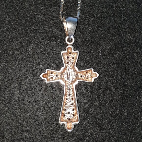 Bold Vintage 925 Sterling Silver CZ Crucifix Pendant & Box Chain Necklace - Picture 4 of 12